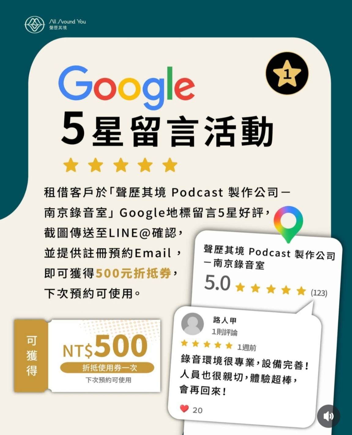 聲歷其境南京錄音室Google五星留言活動：留下5星好評並截圖傳送LINE@，可獲得500元錄音室折抵券